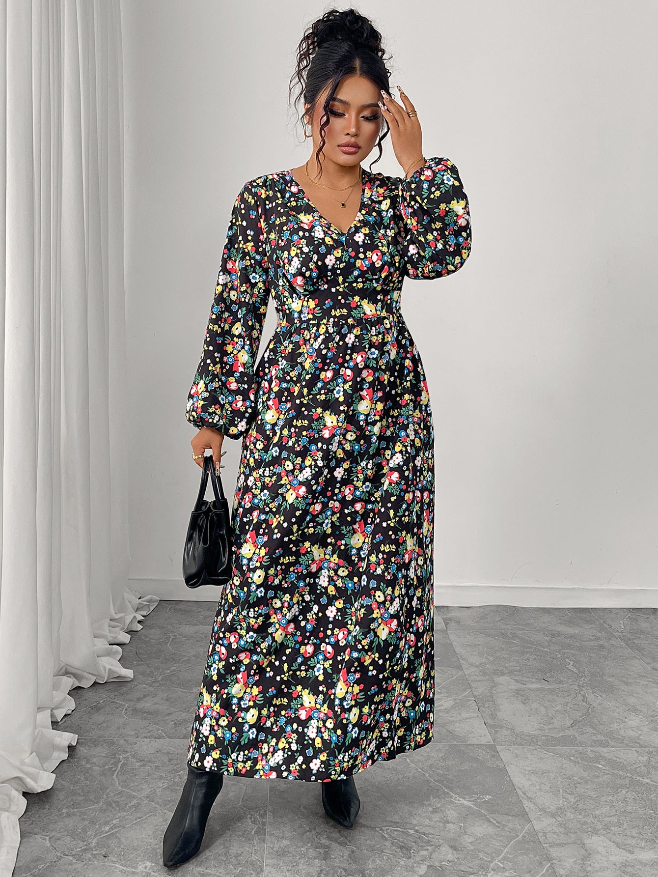 Printed V-Neck High-Waist Loose Maxi Dress