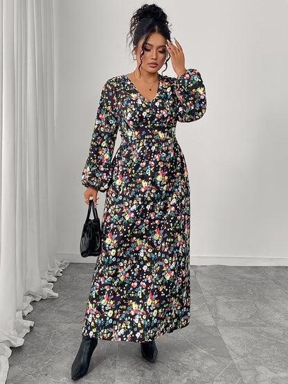 Printed V-Neck High-Waist Loose Maxi Dress