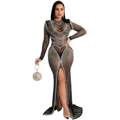 Hot Drill Women'S Mesh See-Through Long-Sleeved Slit Dress Women