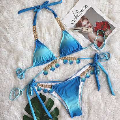 Sexy Strap Gradient Print Women'S Split Swimsuit Luxury Crystal Diamond Bikini Shell Swimsuit