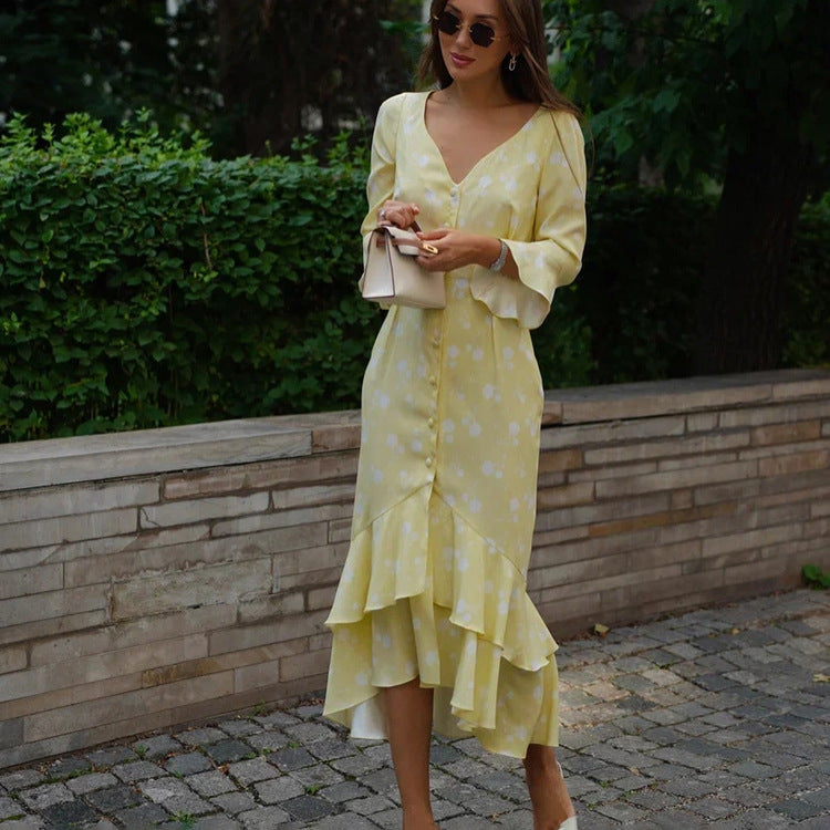 French Floral Print High Waist V-Neck Flare Sleeve Dress