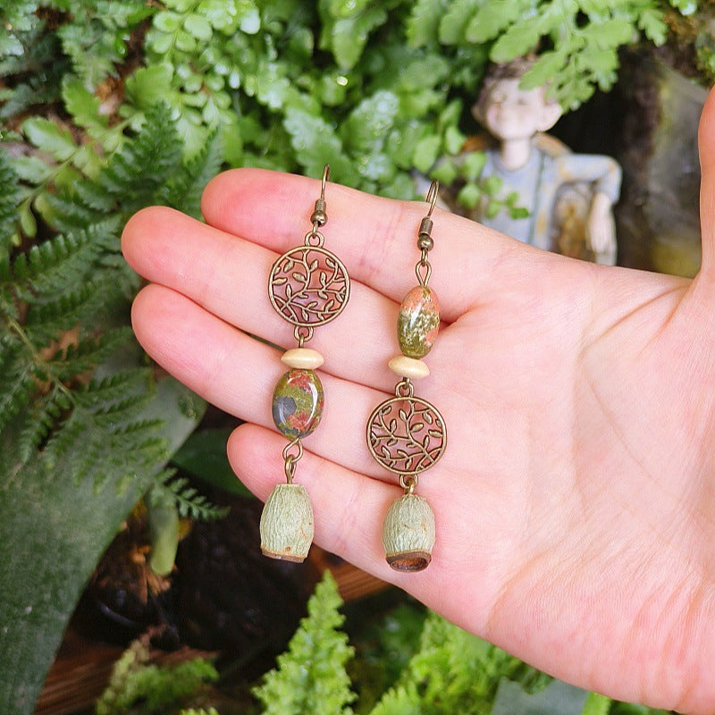 Vintage Leaf Design Handmade Earrings with Natural Green Stone