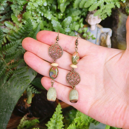 Vintage Leaf Design Handmade Earrings with Natural Green Stone