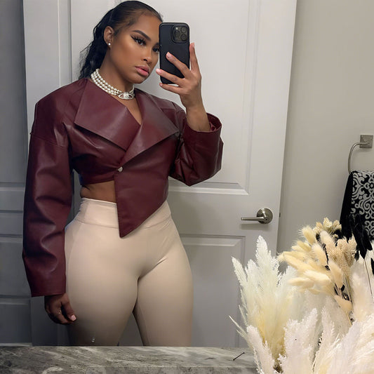 Trendy Casual Cropped Pu Leather Jacket For Women
