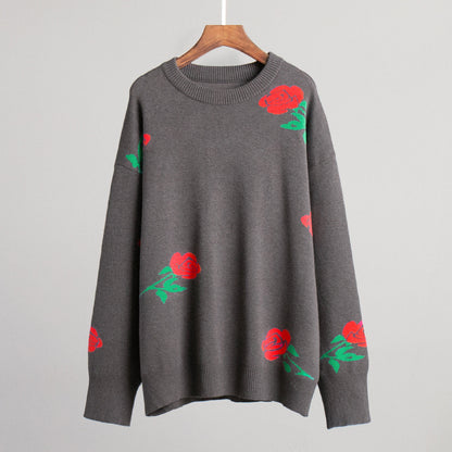 Colorful Rose Knit Sweater Casual Pullover