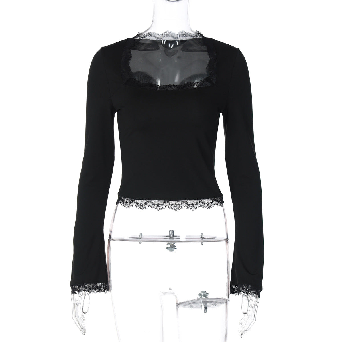 Trendy Lace-Trimmed Square Neck Long Sleeve Slim Fit Top