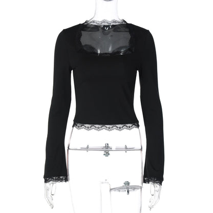 Trendy Lace-Trimmed Square Neck Long Sleeve Slim Fit Top