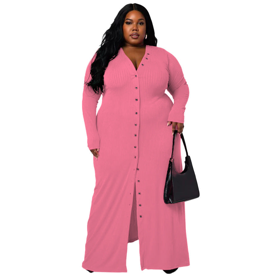 Plus Size Women'S V-Neck Split Hem Dress Stylish Casual A-Line Dress