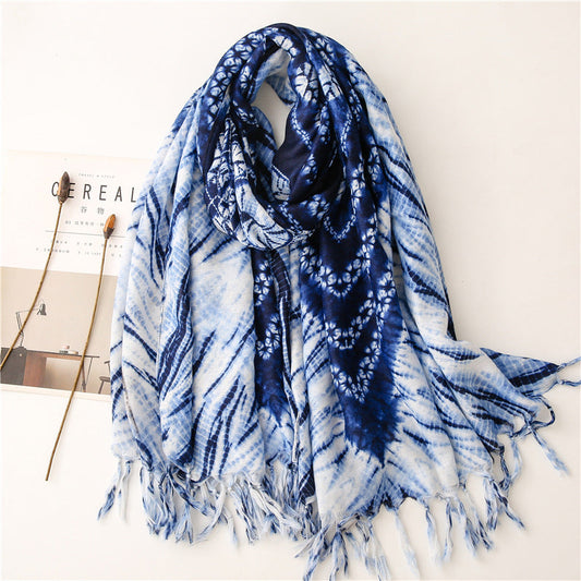 Dyed Blue And White Porcelain Series Cotton And Linen Scarf Travel Shawl Literary Accessories