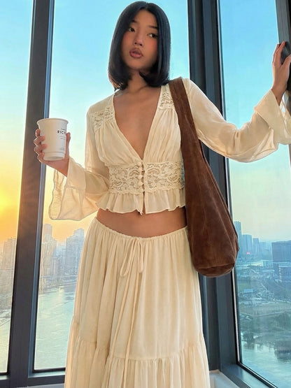 Fashionable French Lace Chiffon Cardigan Top with Tie Long Dress