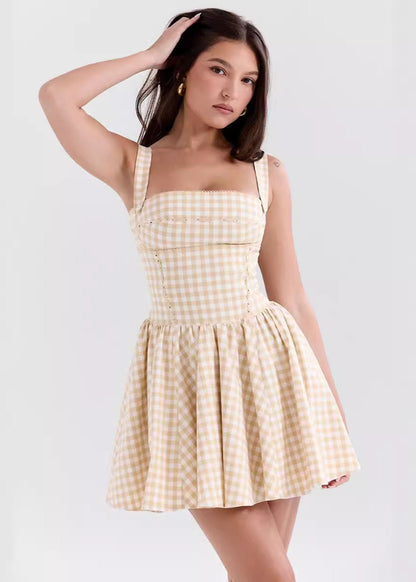 Sleeveless Gingham Mini Dress Beige Polyester Cotton
