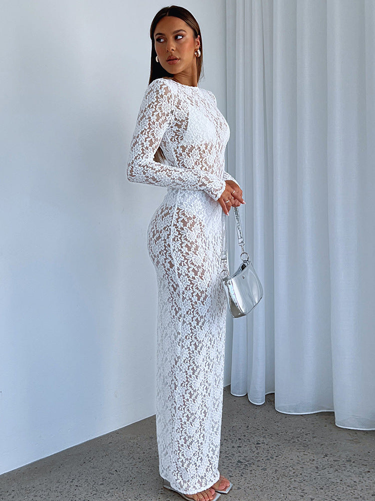 Sensual Lace Long Dress with Sheer Design for Parties