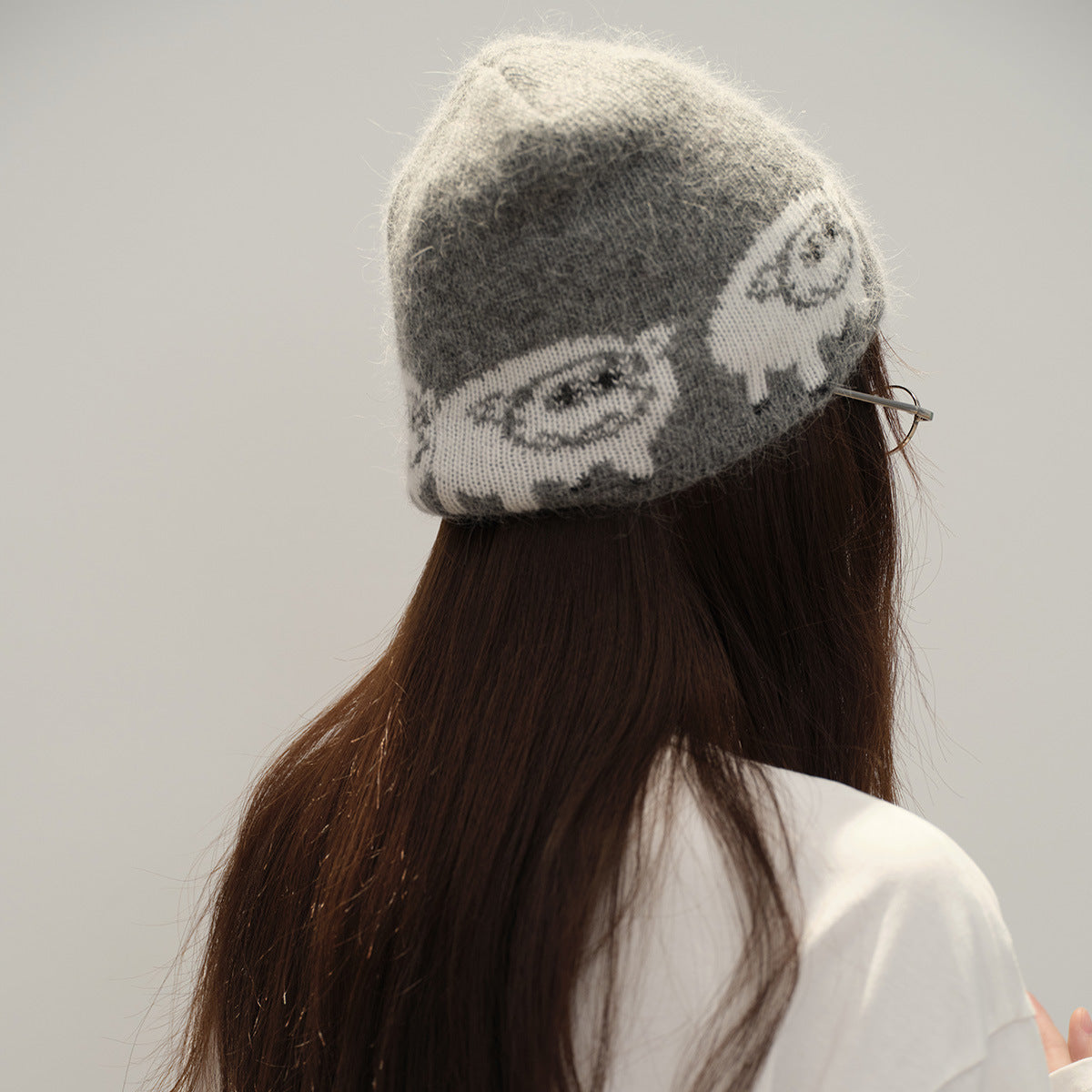 Cute Knitted Rabbit Hair Blend Beanie Hat for Women