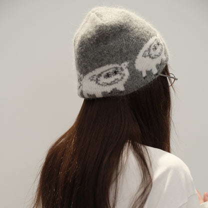 Cute Knitted Rabbit Hair Blend Beanie Hat for Women