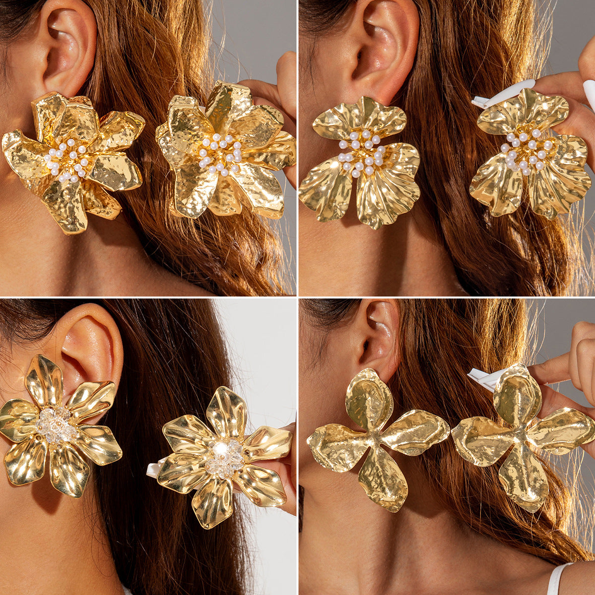 Wrinkled Floral Earrings With Geometric Design And Pearl Accents