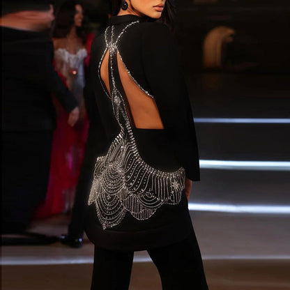 Hollow Rhinestone Blazer and Long Pants Set