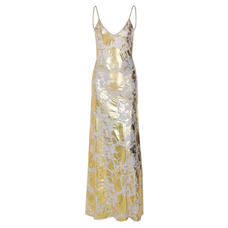 Gold Backless Slip Dress Elegant Style