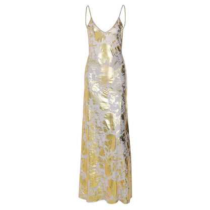 Gold Backless Slip Dress Elegant Style