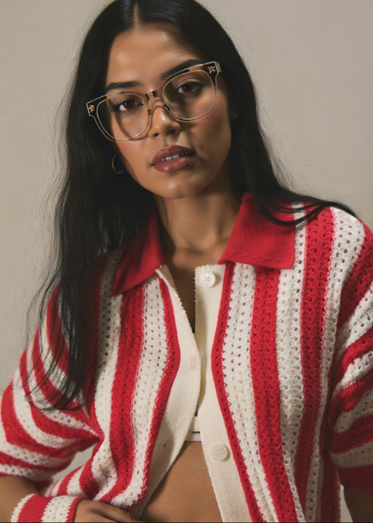 Crochet Knit Button Up Shirt With Stripes