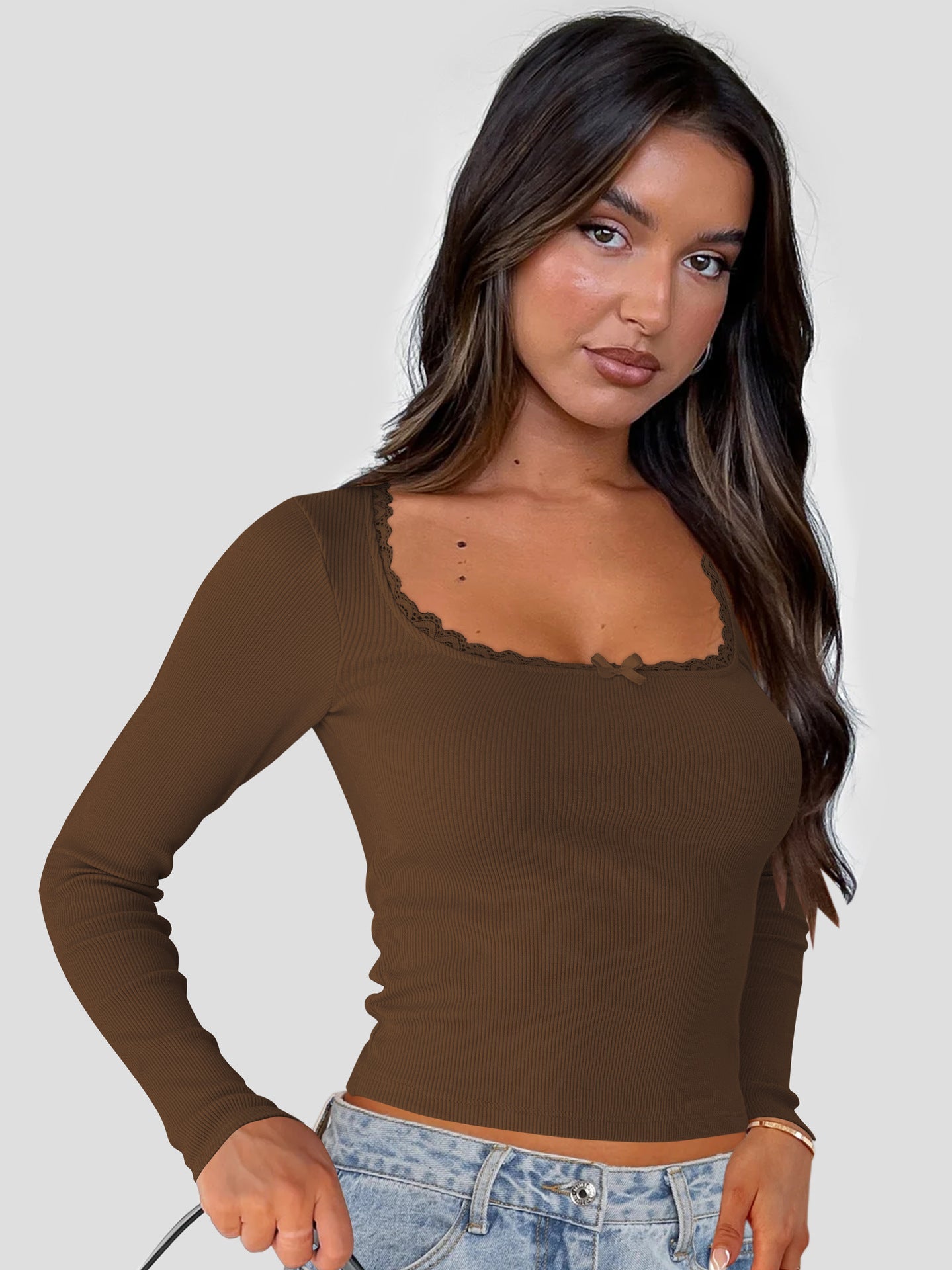 Women’s Long Sleeve Lace Trim U-Neck T-Shirt