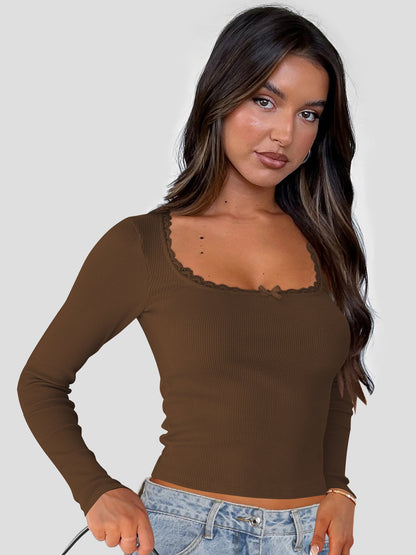 Women’s Long Sleeve Lace Trim U-Neck T-Shirt