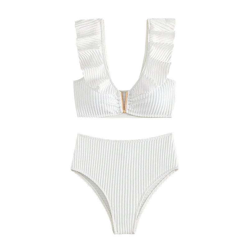 Flounce V-Neck Solid Color Sexy Swimwear