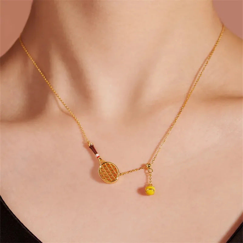 Funny Gold Plated Tennis Racket Ball Necklace