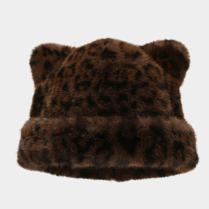 Retro Fluffy Leopard Cat Ears Warm Beanie Cap