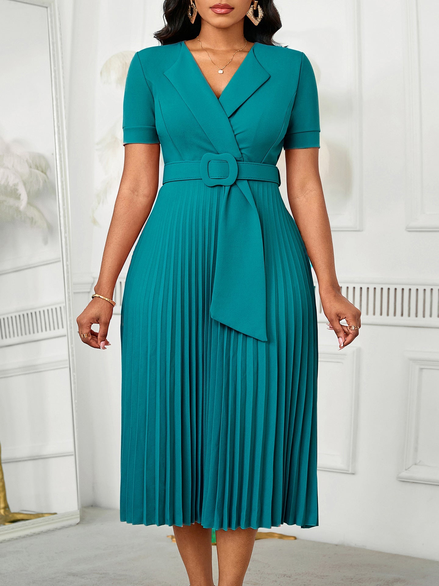 Elegant High-Waisted A-Line Dress With V-Neck