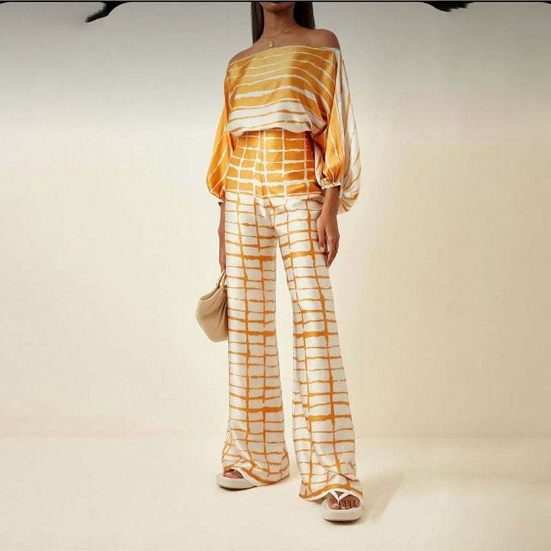 Elegant Batwing Sleeve Printed Two-Piece Set