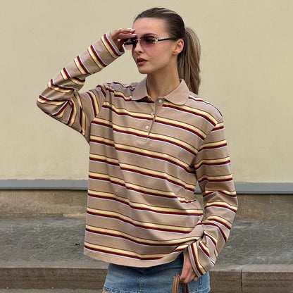 Striped Polo Shirt for Women Loose Fit Retro Style