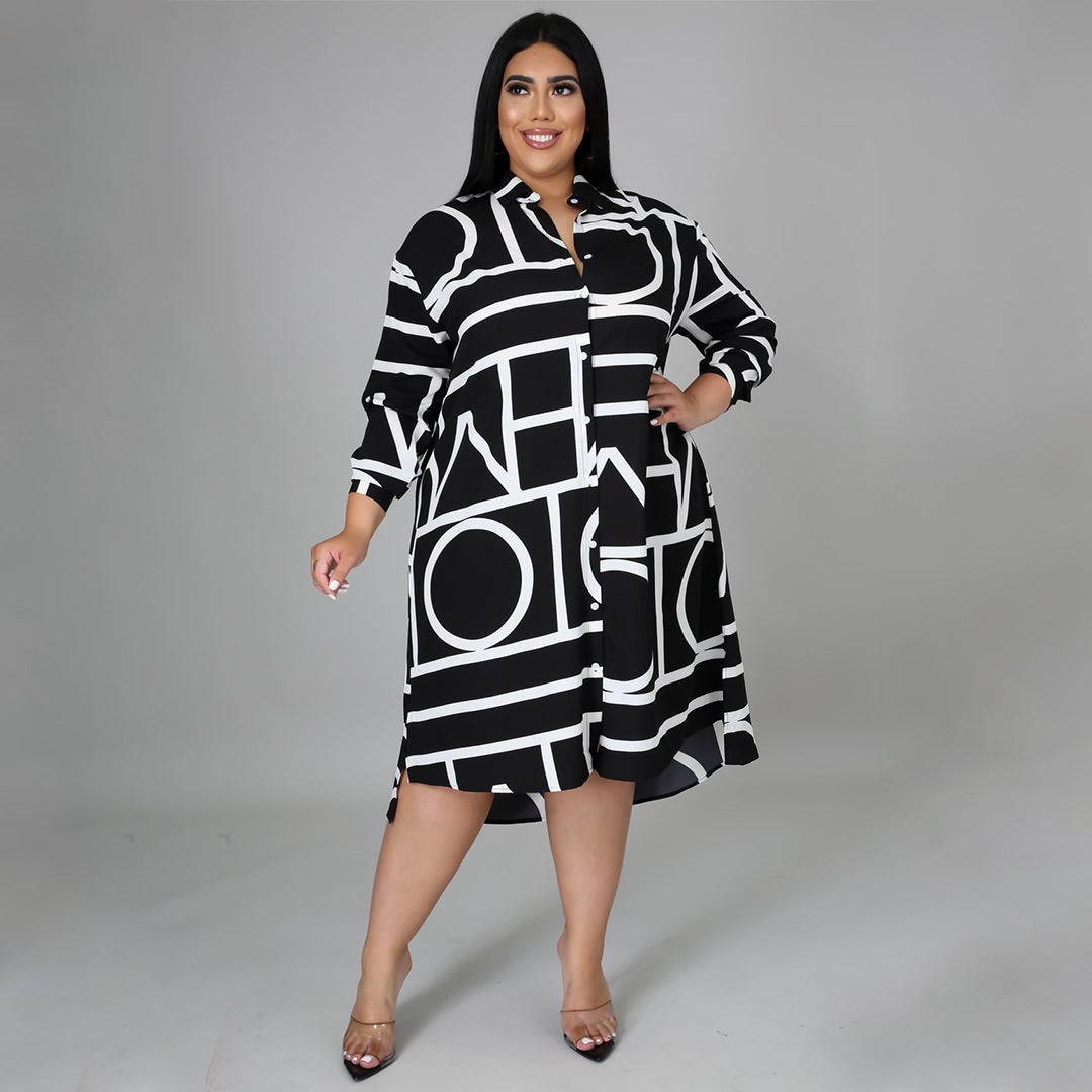 Floral Pleated Waist Shirt Dress Plus Size Casual