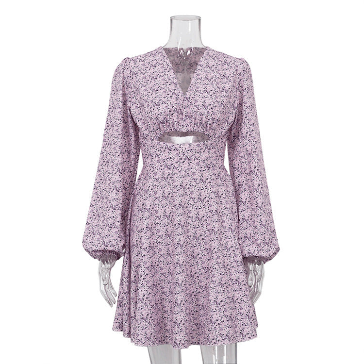 Elegant Floral V-Neck A-Line Dress Casual Polyester Dress