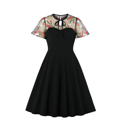 Vintage Polka Dot Pleated Dress Black Embroidery Elegant Style