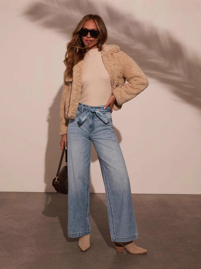High-Waisted Belted Wash Denim Wide-Leg Pants