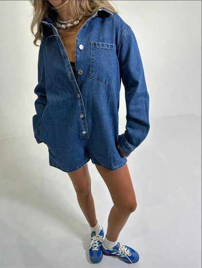 Trendy Denim Overalls with Pocket Casual Short Sleeve