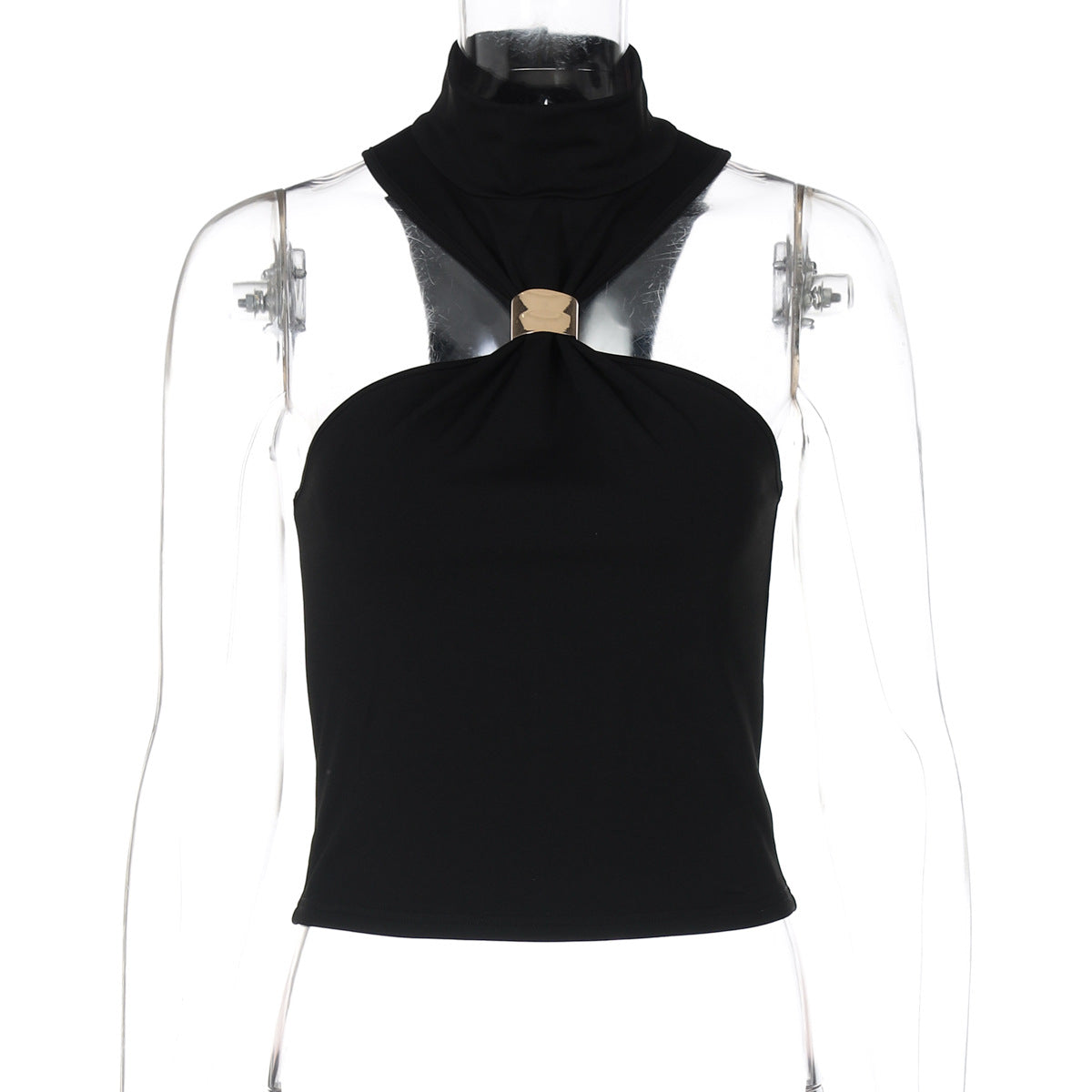 Cropped High Neck Sleeveless Top with Metal Ring in Trendy Street Style