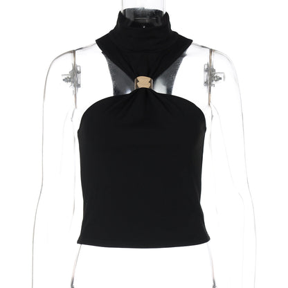 Cropped High Neck Sleeveless Top with Metal Ring in Trendy Street Style