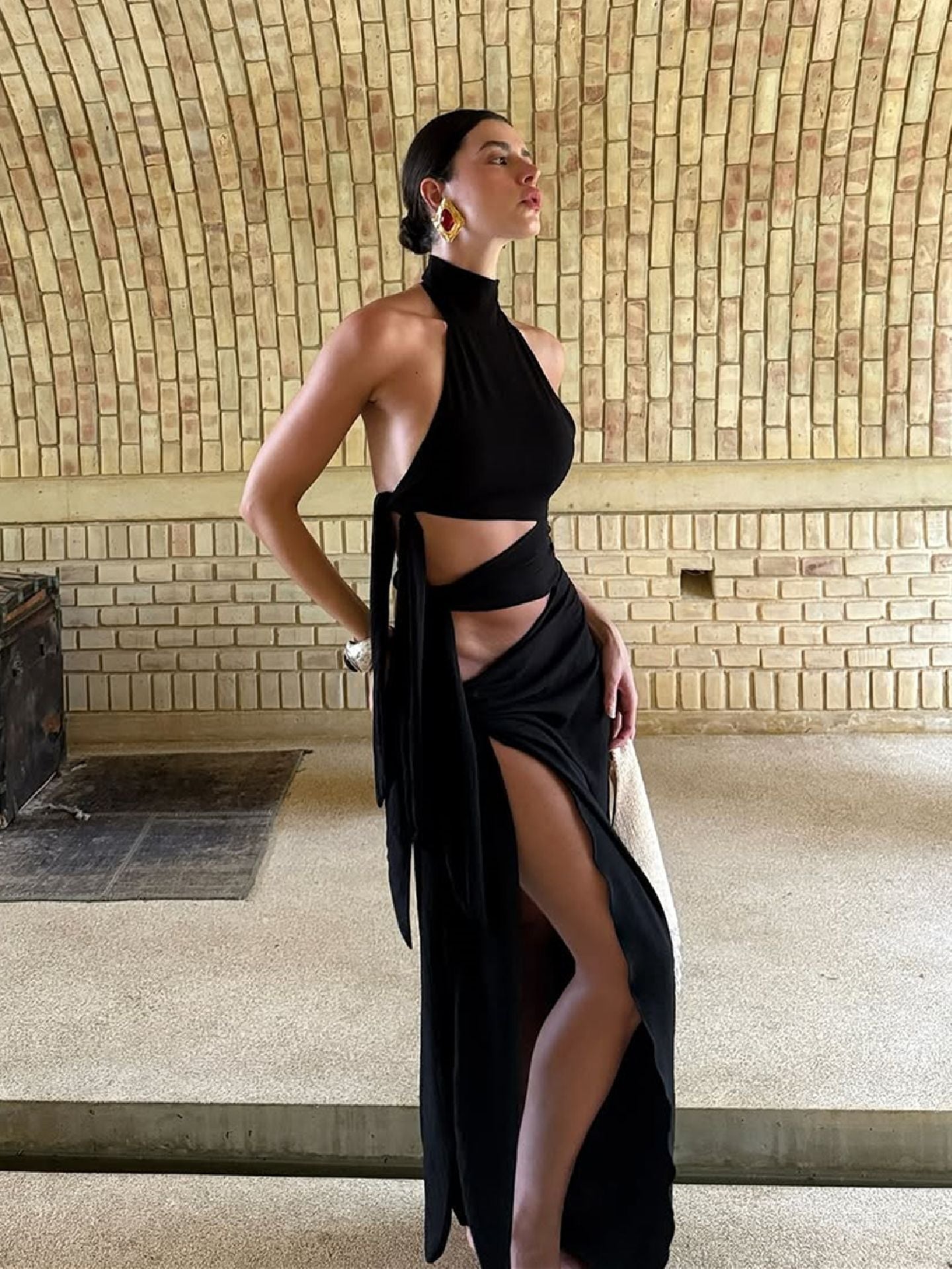 Backless Halter Long Maxi Dress with Cutout Design