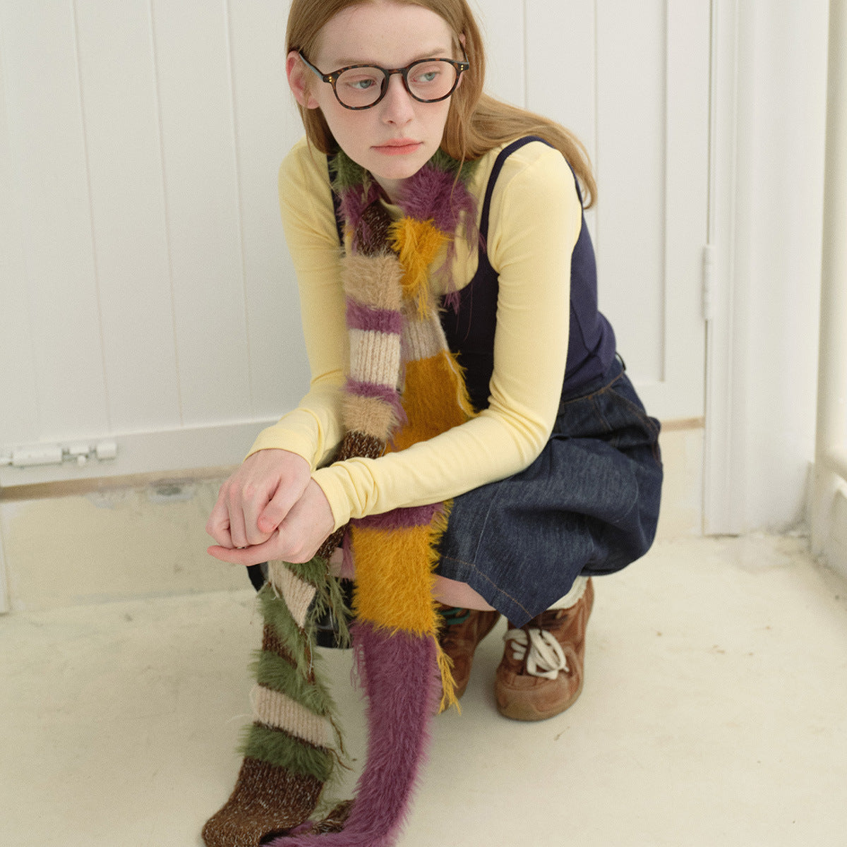 Color Blocked Knitted Fringe Scarf Soft Acrylic Unisex