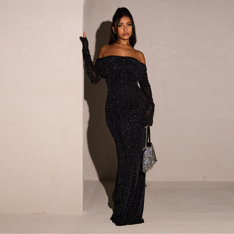 Sleek Black Sequined Midi Dress Off-Shoulder Bodycon Style
