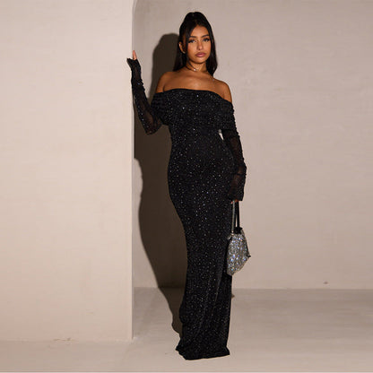 Sleek Black Sequined Midi Dress Off-Shoulder Bodycon Style
