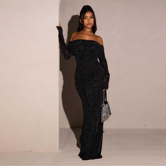 Sleek Black Sequined Midi Dress Off-Shoulder Bodycon Style