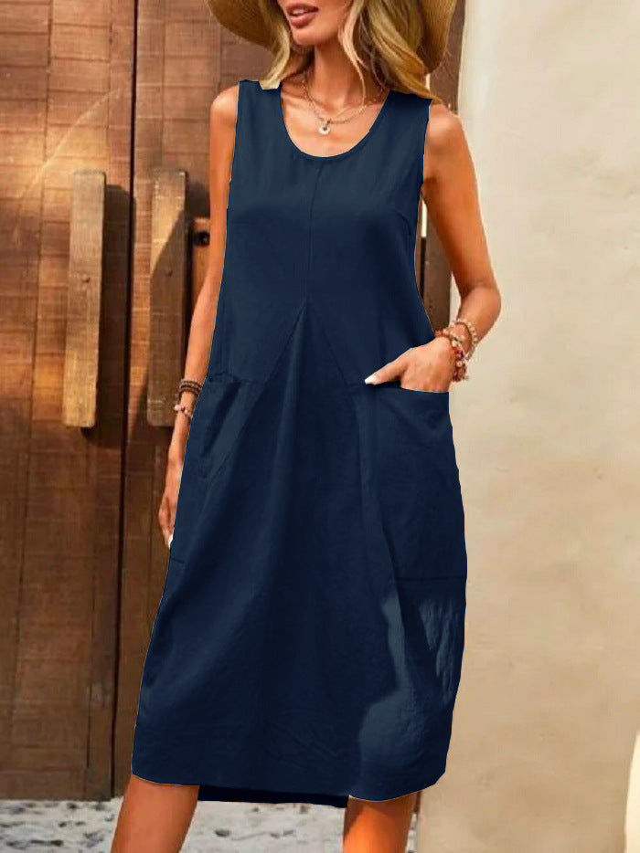 Casual Dress Cotton Linen Sleeveless Solid Amazon Loose U-Neck Dress