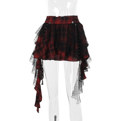 Black Checkered Polka Dot Mesh Mini Skirt
