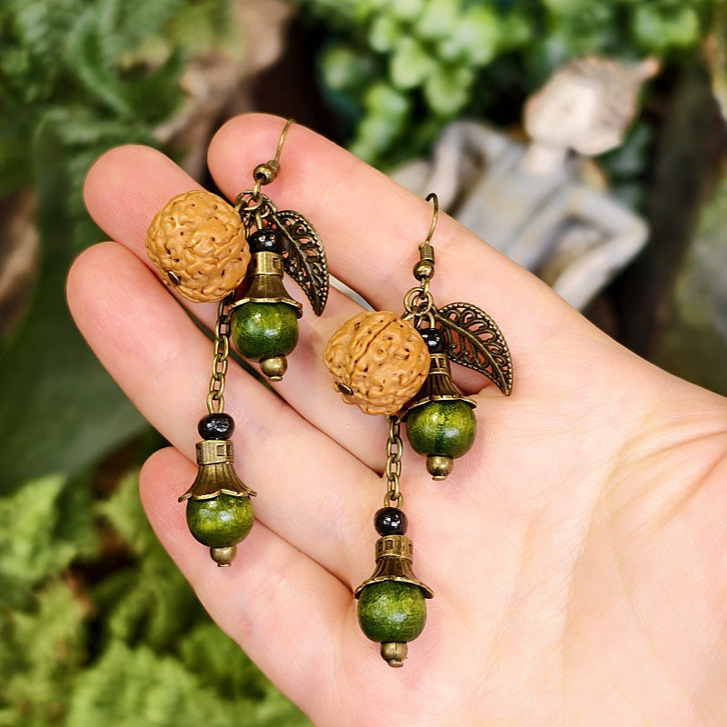 Bohemian Floral-Inspired Alloy Earrings with Unique Wood Bead Design