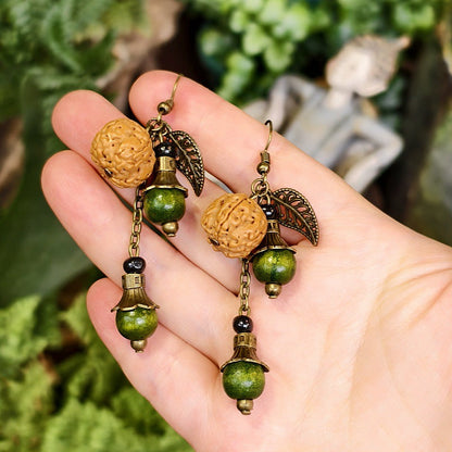 Bohemian Floral-Inspired Alloy Earrings with Unique Wood Bead Design