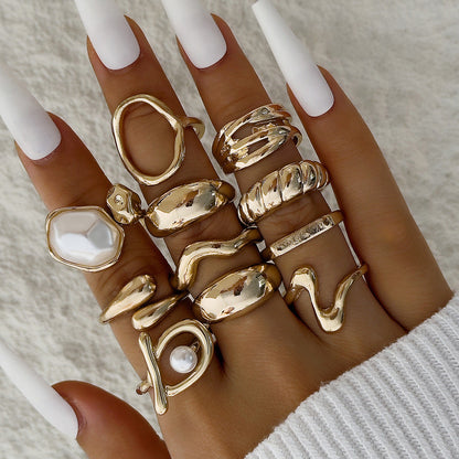 Irregular Pearl Ring Set Trendy Gold Retro Geometric Statement Rings