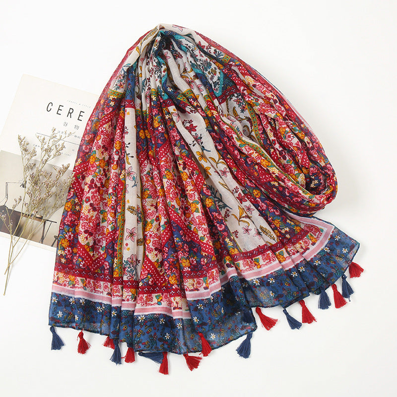 New Retro Fragmented Flower Art Cotton Linen Scarf For Women Thin Bohemian Print Splice Cashew Nut Ethnic Style
