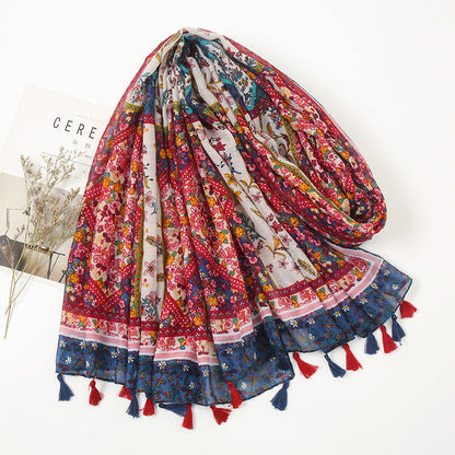 New Retro Fragmented Flower Art Cotton Linen Scarf For Women Thin Bohemian Print Splice Cashew Nut Ethnic Style